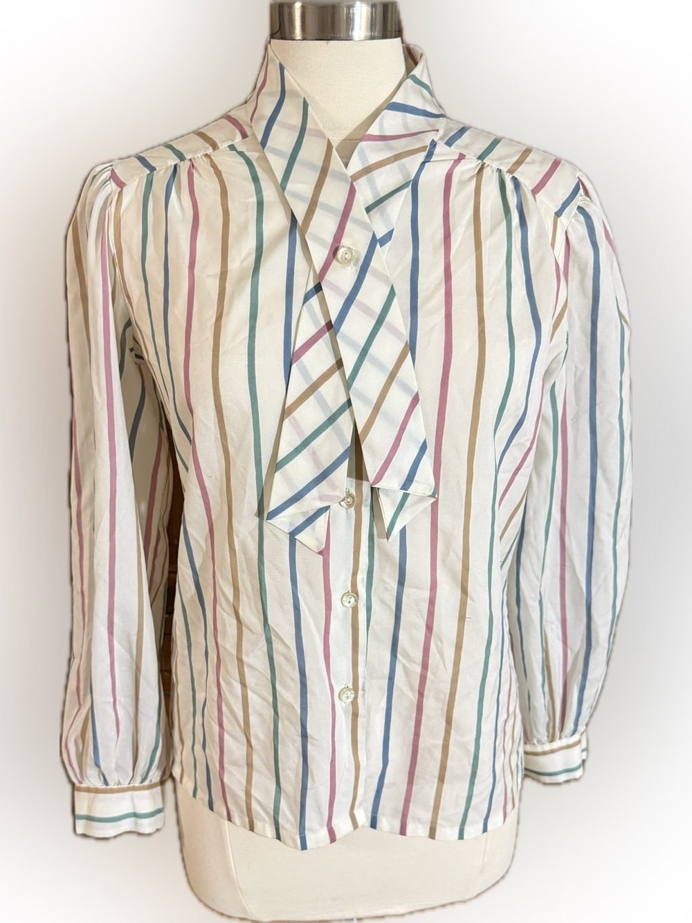 Vintage 80s Judy Bond Multi Stripe Bow Secretary Blouse Size 10 Rainbow
